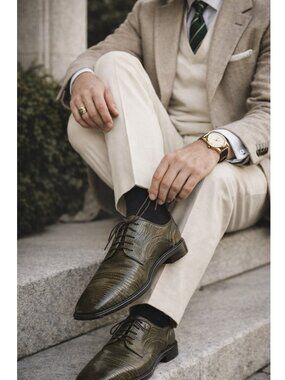 Belvedere Lizard Skin Oxford Shoes Mens US 11.5 Green Exotic Leather Dress